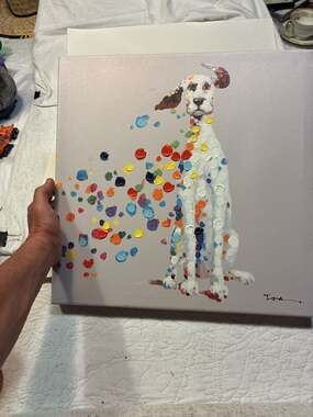 Signed Joyce Hand-Painted Colorful Dalmatian Dog Acrylic Canvas Wall Art
